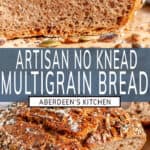 No Knead Multigrain Bread long pin two images with blue rectangle and white text overlay