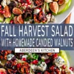 Fall Harvest Salad with Homemade Candied Walnuts long pin two images with blue rectangle and white text overlay