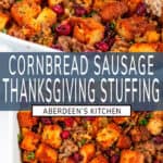 Cornbread Sausage Stuffing long pin two images with blue rectangle and white text overlay