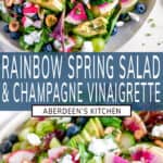 Rainbow Spring Salad with Champagne Vinaigrette long pin two images with blue rectangle and white text overlay