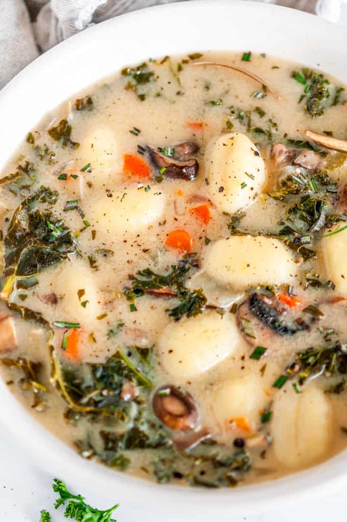 Vegetarian Gnocchi Kale Soup in white bowl close up