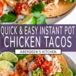 Easy Instant Pot Chicken Tacos on gray plate and white marble with fixings long pin with purple rectangle and white text overlay