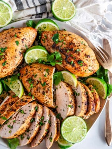 Tequila Lime Chicken sliced on white plate