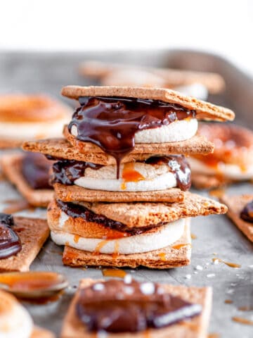 Salted Caramel Oven Baked S'mores tower on sheet pan