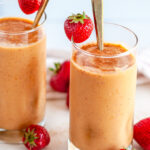Strawberry Banana Pumpkin Smoothie ing lasses with gold spoons on white marble