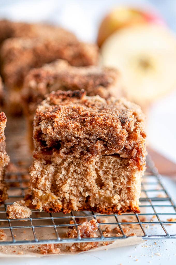 Apple Crumble Coffee Cake on wire rack and white marble