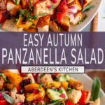 Autumn Panzanella Salad long pin two images with purple rectangle and white text overlay