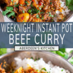Instant Pot Beef Curry long pin two images with blue rectangle and white text overlay