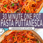 One Pot Pasta Puttanesca long pin two images with purple rectangle and white text overlay