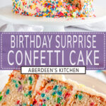 Birthday Surprise Confetti Cake long pin two images with purple rectangle and white text overlay