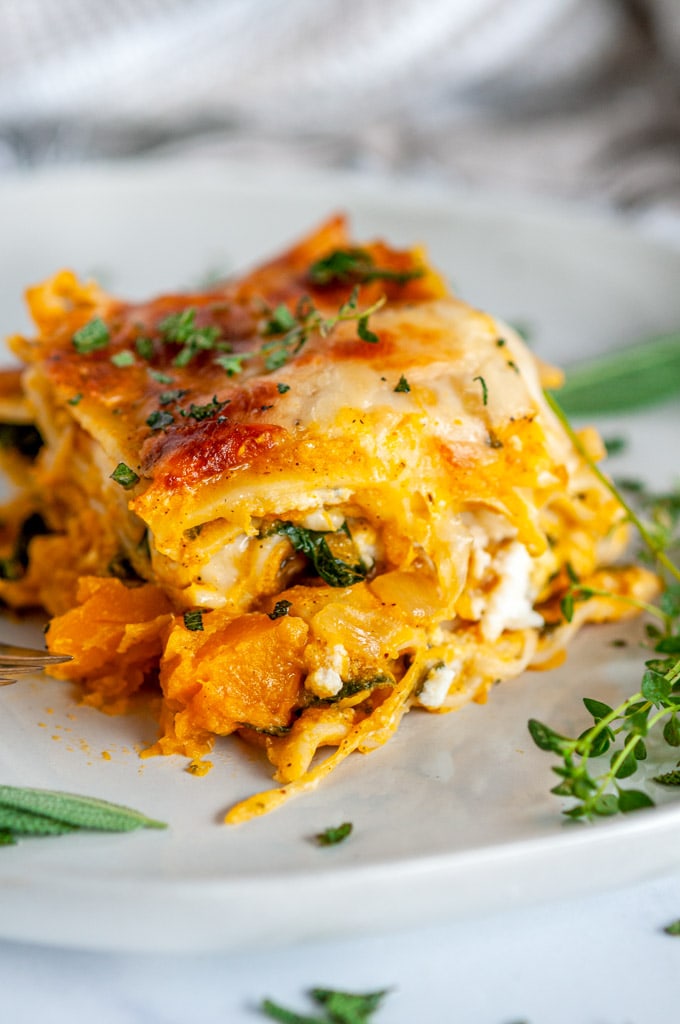 Butternut Squash Vegetable Lasagna on gray plate with fresh herbs