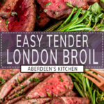 Easy Tender London Broil long pin two images with purple rectangle and white text overlay