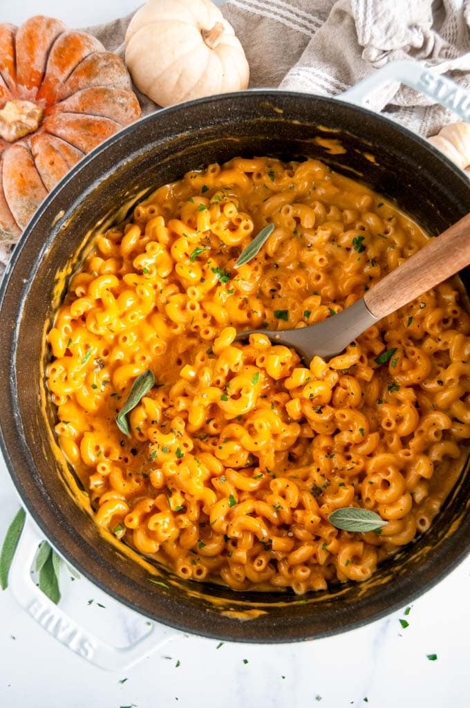 One Pot Pumpkin Mac and Cheese in white staub dutch oven with gray and wood spoon