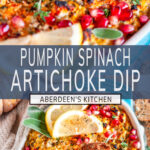 Pumpkin Artichoke Spinach Dip long pin two images with blue rectangle and white text overlay
