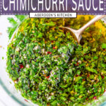 Five Minute Chimichurri Sauce in clear mixing bowl with fresh parsley and gold spoon on white marble - purple rectangle overlay with white text