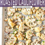 4-Ingredient Roasted Cauliflower on sheet pan with roughly chopped fresh parsley and red chili flakes - purple rectangle overlay with white text