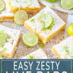 Easy Zesty Lime Bars with powdered sugar and key lime slices on brown parchment and white marble - translucent teal rectangle layered on top with white font