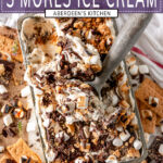 No Churn S'mores Ice Cream in metal bread pan on white marble with scoop - purple rectangle overlay with white text