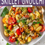 Summer Harvest Skillet Gnocchi on gray plate with fresh basil leaves and gold dinnerware - purple rectangle overlay with white text