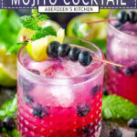 Blueberry GIn Mojito Cocktail on metal plate with fresh mint leaves and lime wedges topped with rose gold fruit garnish - blue rectangle with white text overlay