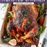 Autumn Apple Cider Roasted Chicken in white baking dish with figs, grapes, and herbs on white marble - purple rectangle with white text overlay