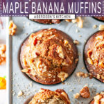 Maple banana muffins in gray metal muffin pan with walnuts and leaves on white marble - purple rectangle with white text overlay