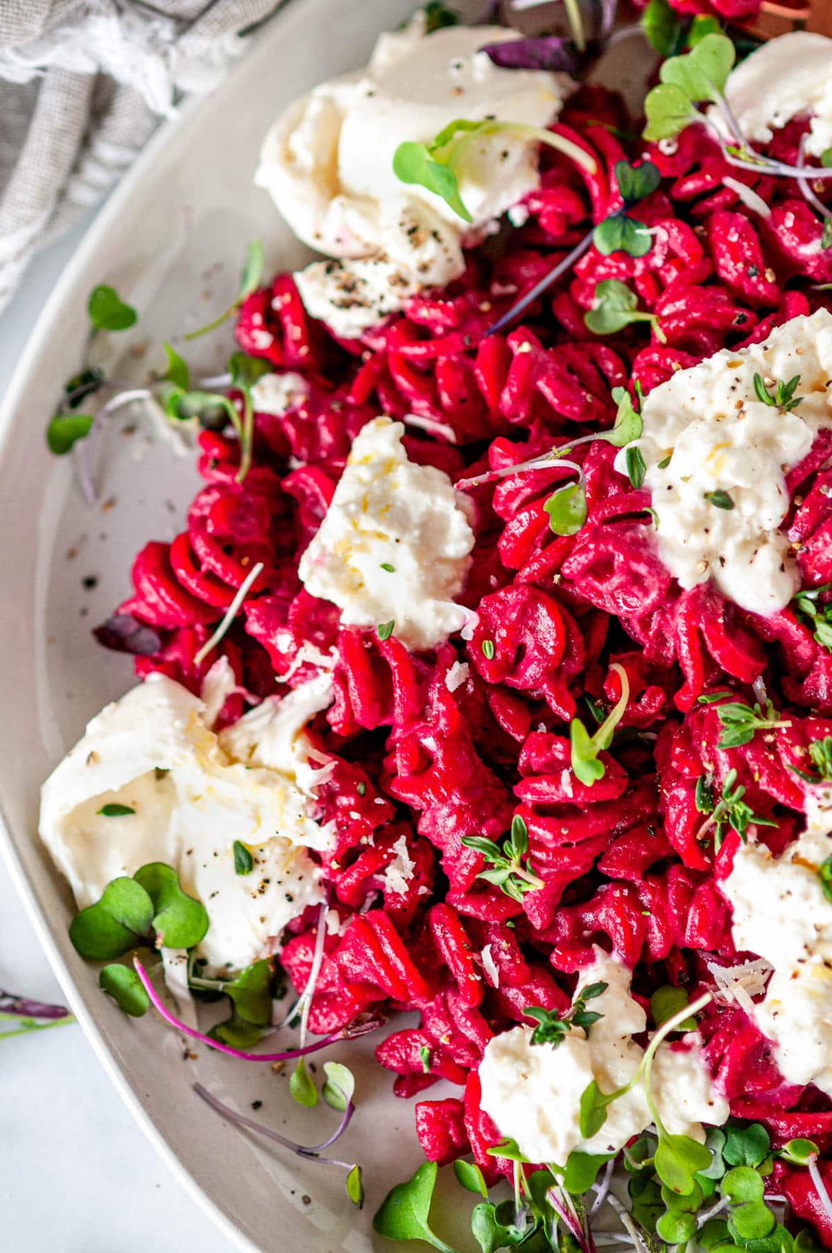 creamy burrata beet pasta topped with microgreens on a white plate overhead view