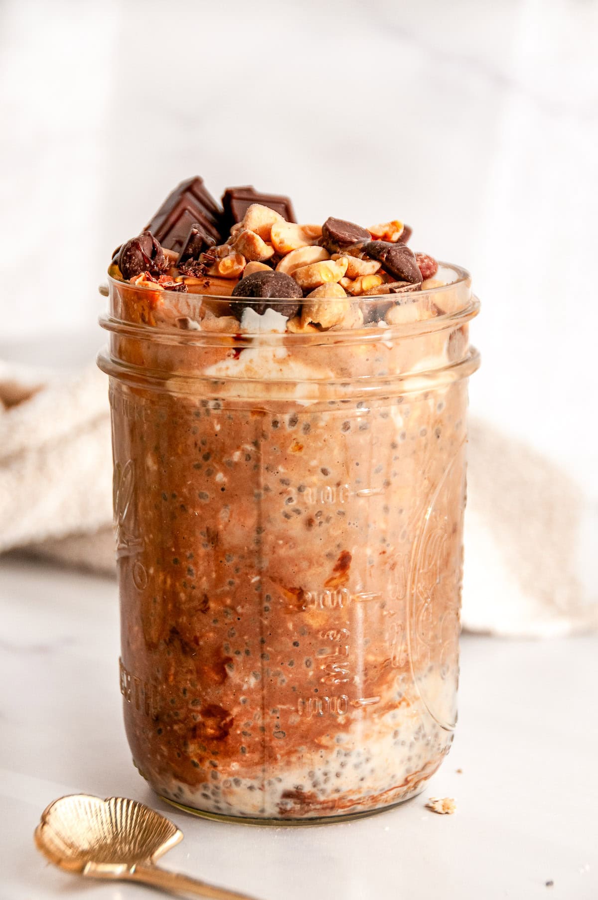 Chocolate peanut butter overnight oats in a mason jar