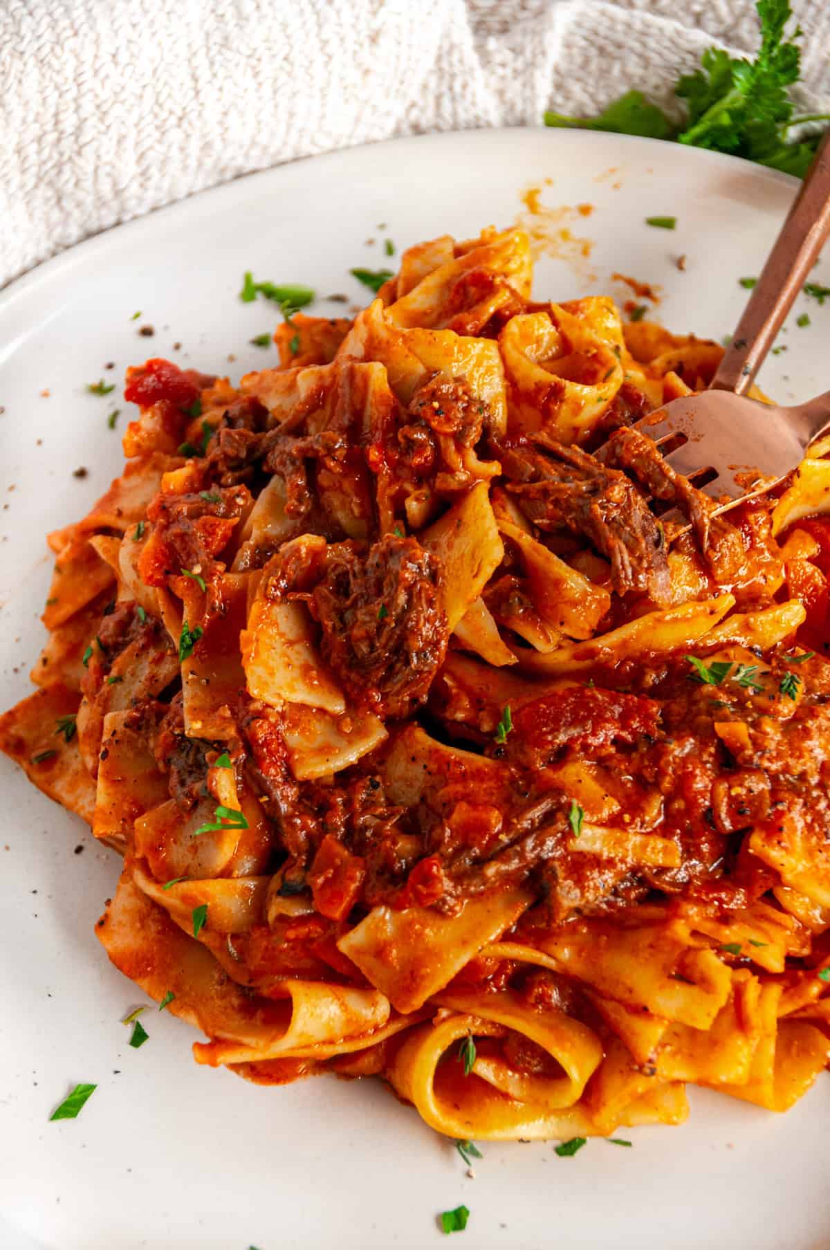 Instant Pot Beef Short Rib Pasta Ragu close up showing shredded beef, San Marzano tomatoes, and silky sauce coating pappardelle with fork in upper corner.