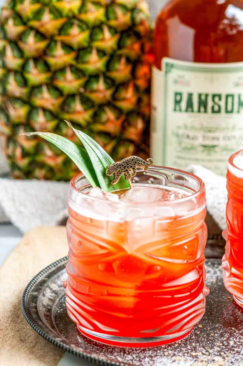 Jungle Cat cocktail with a pineapple leaf garnish, set in front of a whole pineapple and a bottle of Ransom.