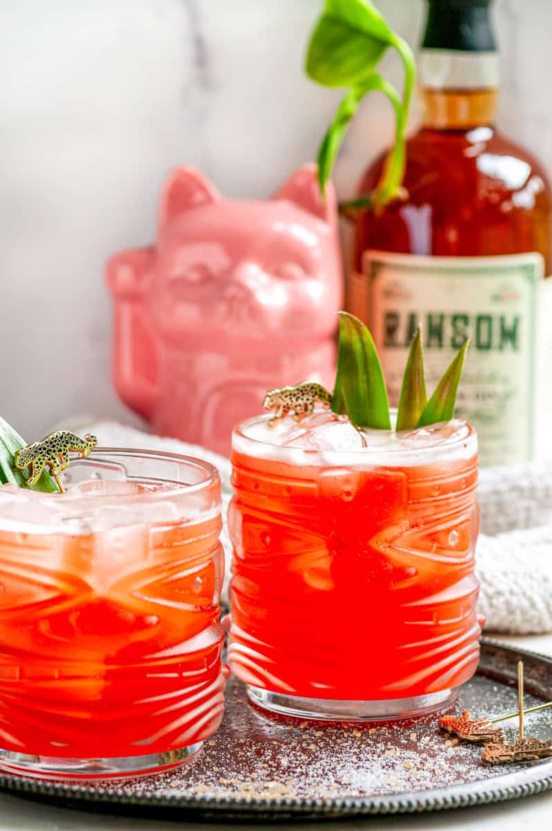 Pink ceramic cat and a bottle of Ransom beside a Jungle Cat cocktail garnished with pineapple leaves.